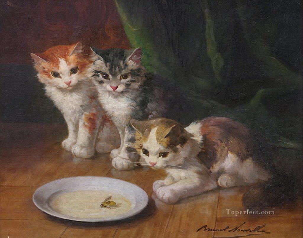 Alfred Brunel de Neuville cats and bee Oil Paintings